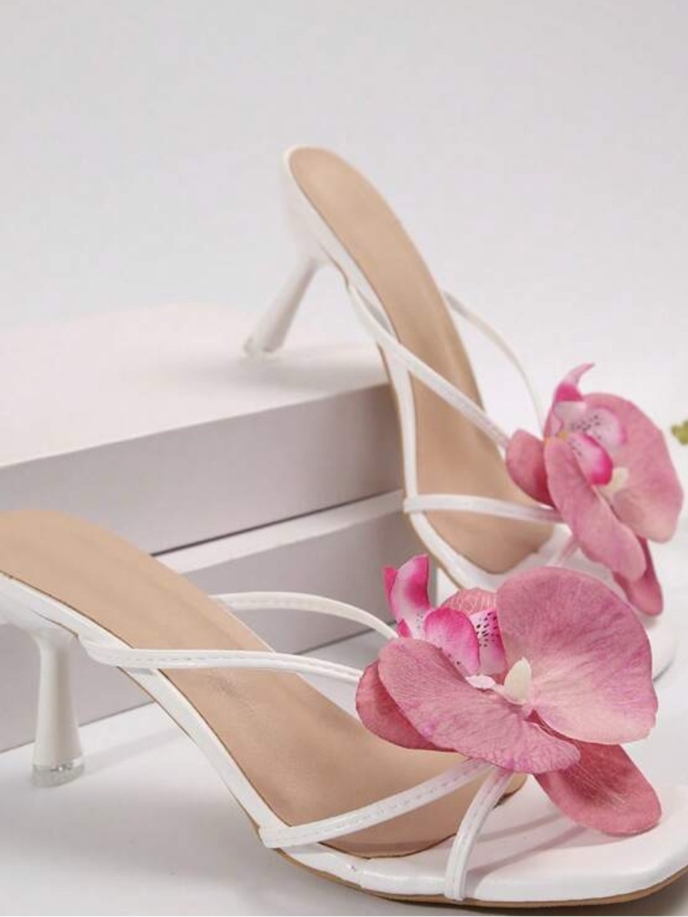 White Strappy Heels with Pink Floral Accent